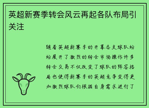 英超新赛季转会风云再起各队布局引关注