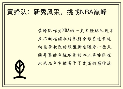 黄蜂队：新秀风采，挑战NBA巅峰